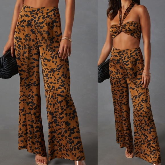 Vici Pants - . Vici Brown & Black Leopard Print High Waist Wide Leg Trouser Pants